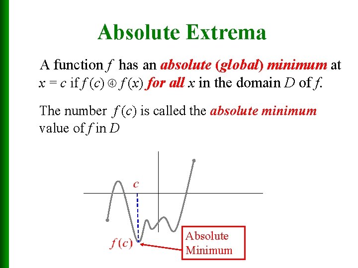 Absolute Extrema A function f has an absolute (global) minimum at x = c
