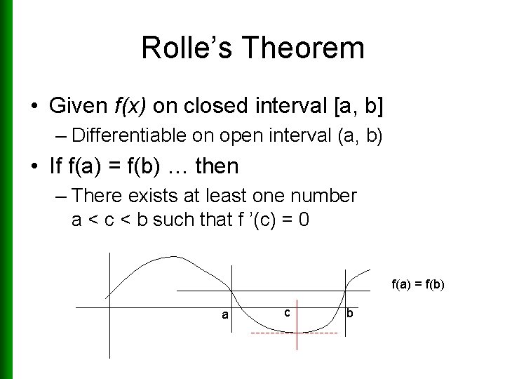 Rolle’s Theorem • Given f(x) on closed interval [a, b] – Differentiable on open
