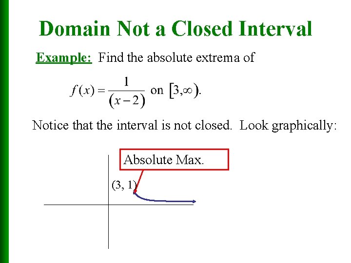 Domain Not a Closed Interval Example: Find the absolute extrema of Notice that the