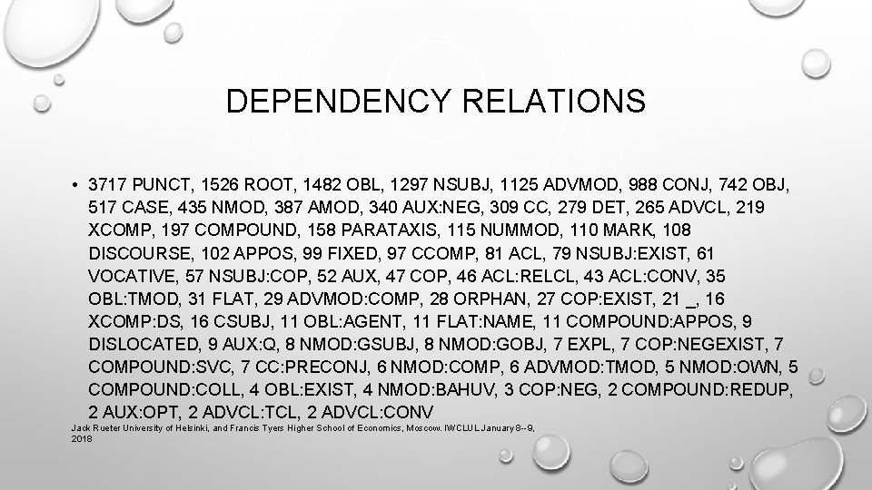 DEPENDENCY RELATIONS • 3717 PUNCT, 1526 ROOT, 1482 OBL, 1297 NSUBJ, 1125 ADVMOD, 988