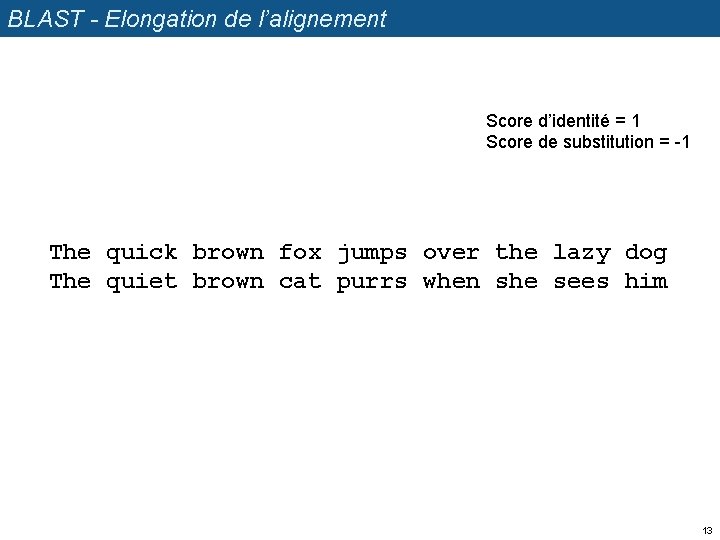 BLAST - Elongation de l’alignement Score d’identité = 1 Score de substitution = -1