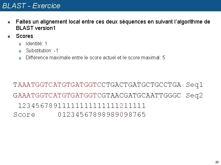 BLAST - Exercice n n Faites un alignement local entre ces deux séquences en