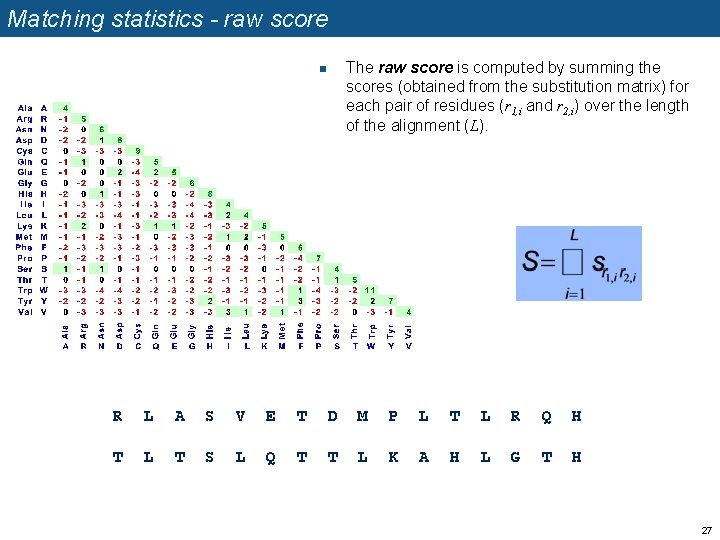 Matching statistics - raw score The raw score is computed by summing the scores