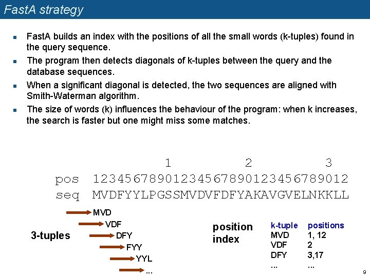 Fast. A strategy n n Fast. A builds an index with the positions of