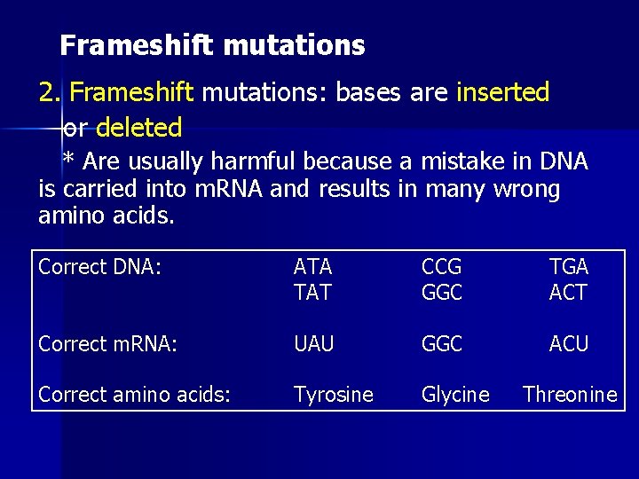 Frameshift mutations 2. Frameshift mutations: bases are inserted or deleted * Are usually harmful