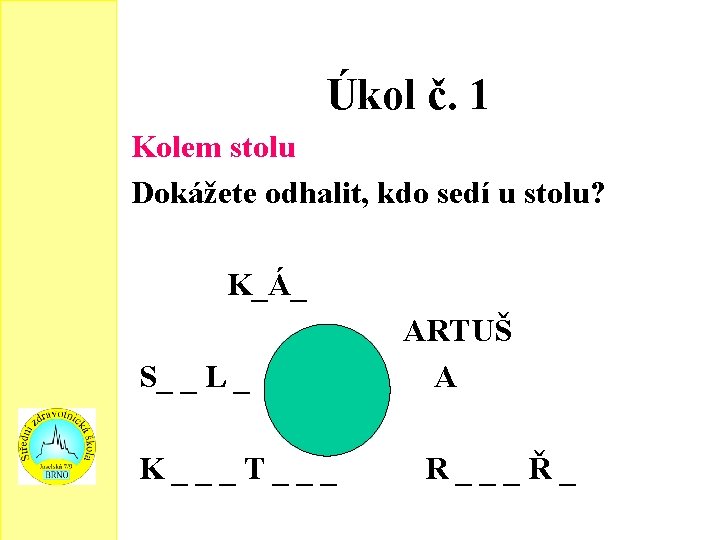 Úkol č. 1 Kolem stolu Dokážete odhalit, kdo sedí u stolu? K_Á_ S_ _