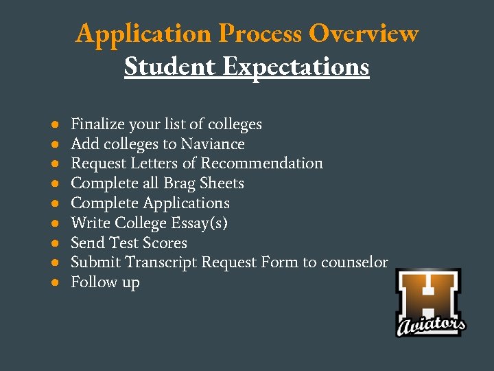 Application Process Overview Student Expectations ● ● ● ● ● Finalize your list of