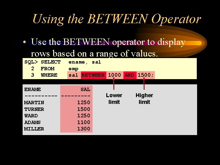 Using the BETWEEN Operator • Use the BETWEEN operator to display rows based on