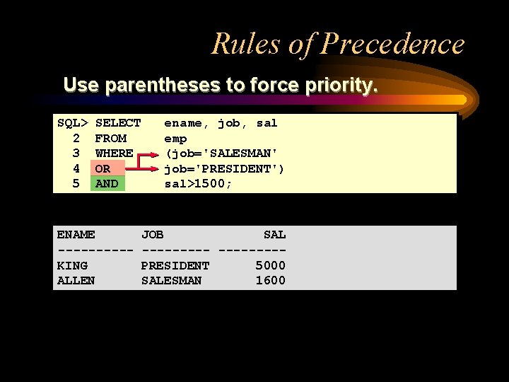 Rules of Precedence Use parentheses to force priority. SQL> 2 3 4 5 SELECT