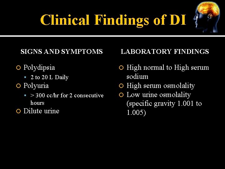 Clinical Findings of DI SIGNS AND SYMPTOMS Polydipsia 2 to 20 L Daily Polyuria