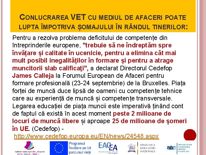 CONLUCRAREA VET CU MEDIUL DE AFACERI POATE LUPTA ÎMPOTRIVA ȘOMAJULUI ÎN R NDUL TINERILOR: