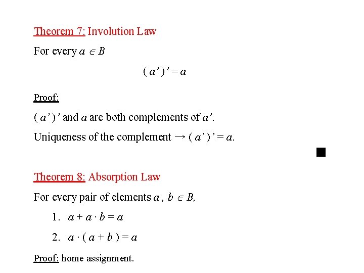 Theorem 7: Involution Law For every a B ( a’ )’ = a Proof: