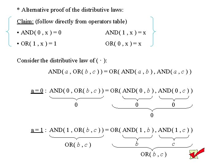 * Alternative proof of the distributive laws: Claim: (follow directly from operators table) •