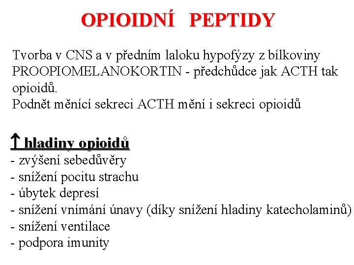 OPIOIDNÍ PEPTIDY Tvorba v CNS a v předním laloku hypofýzy z bílkoviny PROOPIOMELANOKORTIN -