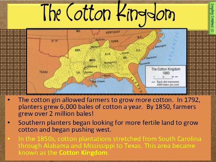  • • • The cotton gin allowed farmers to grow more cotton. In