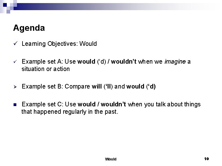 Agenda ü Learning Objectives: Would ü Example set A: Use would (‘d) / wouldn’t