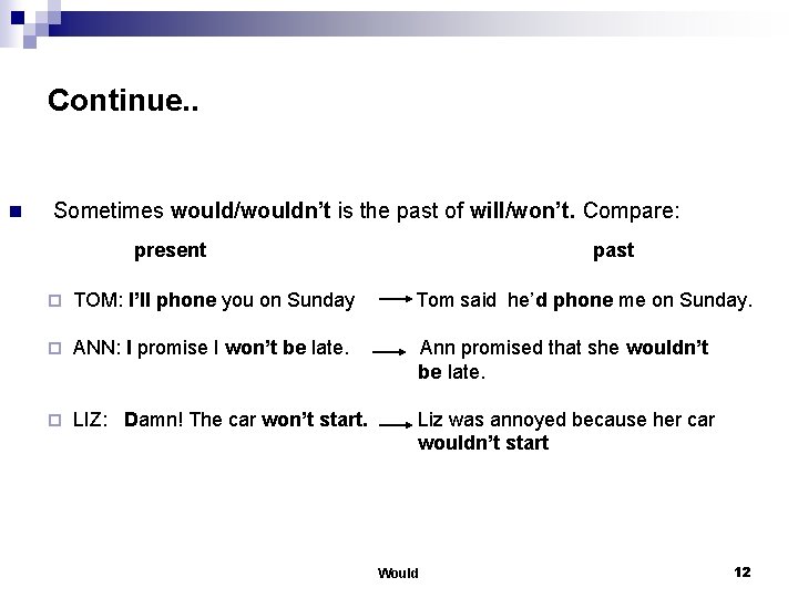 Continue. . n Sometimes would/wouldn’t is the past of will/won’t. Compare: present past ¨