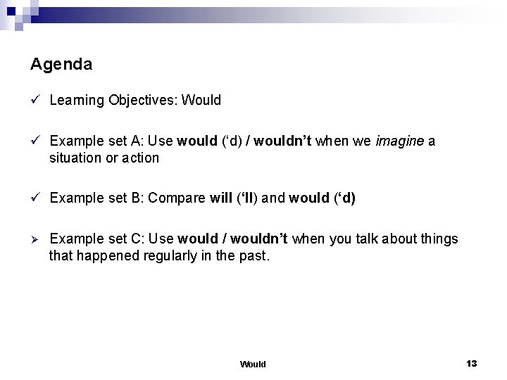Agenda ü Learning Objectives: Would ü Example set A: Use would (‘d) / wouldn’t