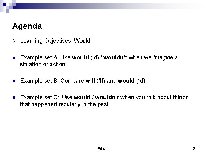 Agenda Ø Learning Objectives: Would n Example set A: Use would (‘d) / wouldn’t