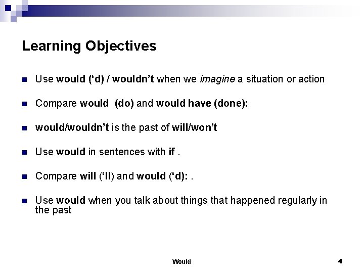 Learning Objectives n Use would (‘d) / wouldn’t when we imagine a situation or