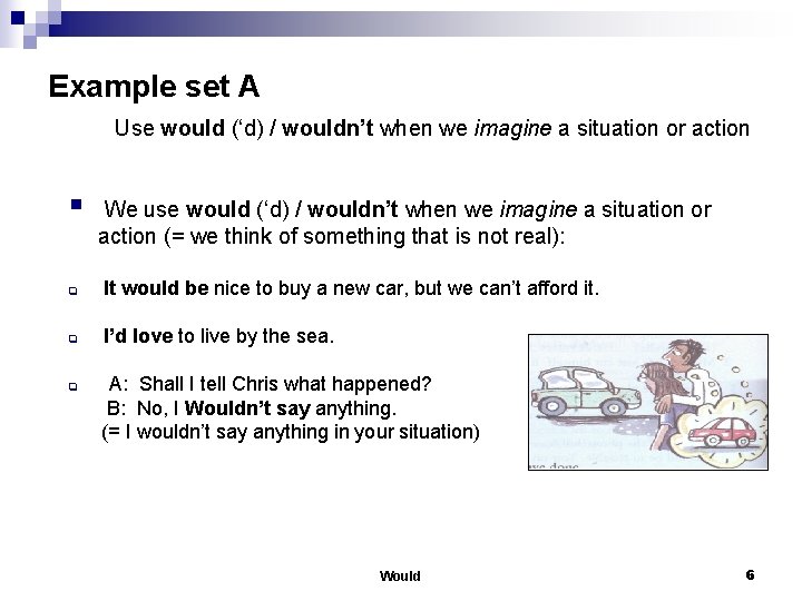 Example set A Use would (‘d) / wouldn’t when we imagine a situation or