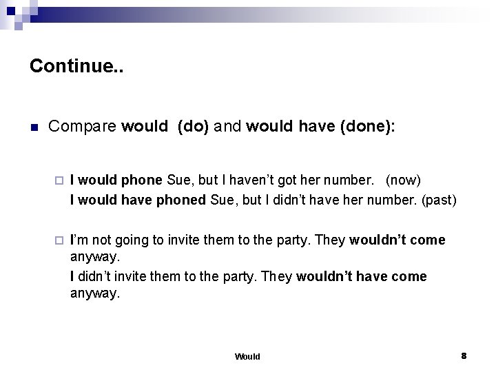 Continue. . n Compare would (do) and would have (done): ¨ I would phone