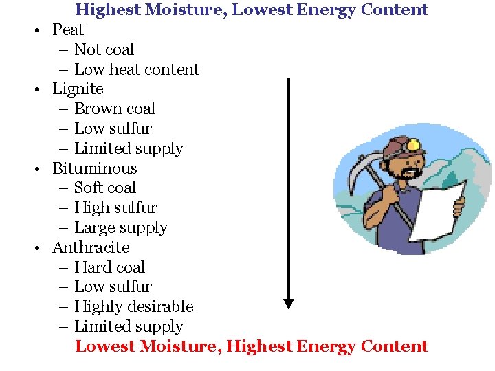  • • Highest Moisture, Lowest Energy Content Peat – Not coal – Low