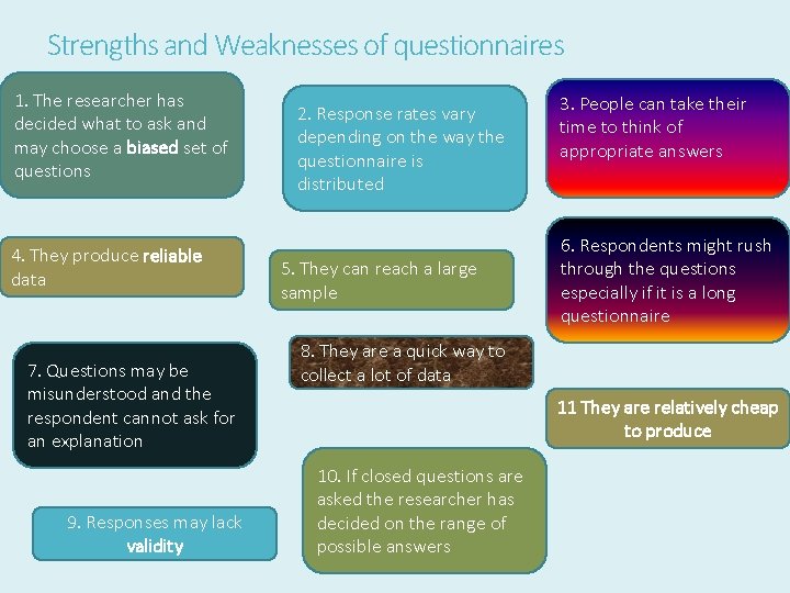 Strengths and Weaknesses of questionnaires 1. The researcher has decided what to ask and