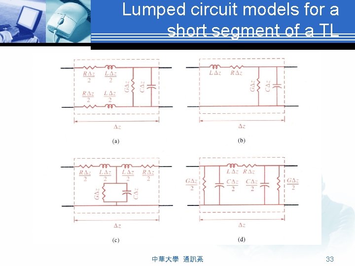 Lumped circuit models for a short segment of a TL 中華大學 通訊系 33 