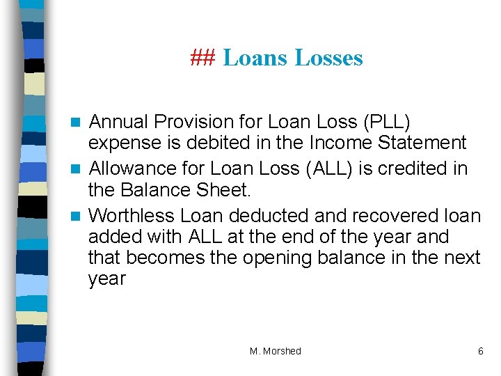## Loans Losses Annual Provision for Loan Loss (PLL) expense is debited in the
