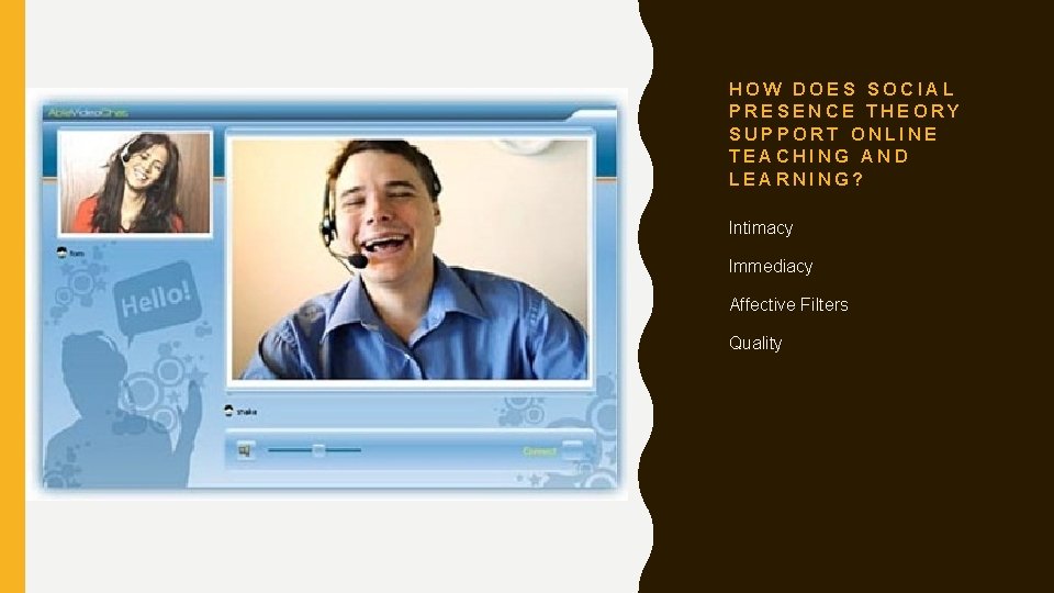 HOW DOES SOCIAL PRESENCE THEORY SUPPORT ONLINE TEACHING AND LEARNING? Intimacy Immediacy Affective Filters