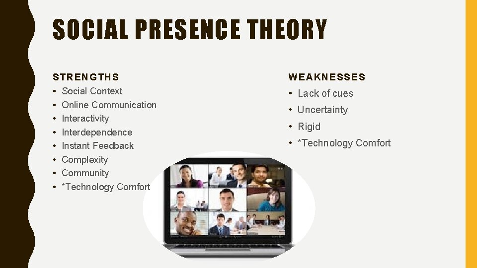 SOCIAL PRESENCE THEORY STRENGTHS WEAKNESSES • • • Lack of cues Social Context Online
