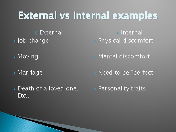External vs Internal examples � External Ø Job change Internal Ø Physical discomfort Ø