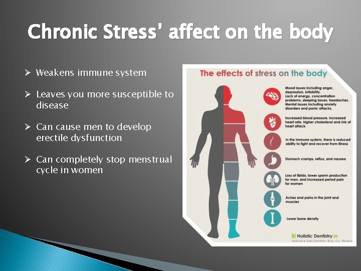 Chronic Stress’ affect on the body Ø Weakens immune system Ø Leaves you more