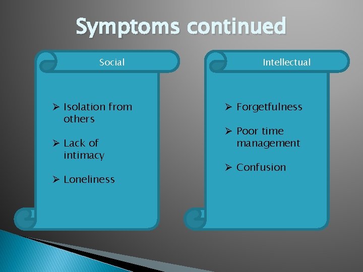 Symptoms continued Social Ø Isolation from others Ø Lack of intimacy Ø Loneliness Intellectual