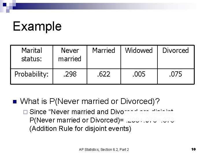 Example Marital status: Never married Married Widowed Divorced Probability: . 298 . 622 . Example Marital status: Never married Married Widowed Divorced Probability: . 298 . 622 .