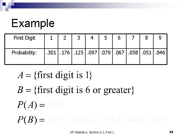 Example First Digit Probability: 1 2 3 4 5 6 7 8 9 . Example First Digit Probability: 1 2 3 4 5 6 7 8 9 .