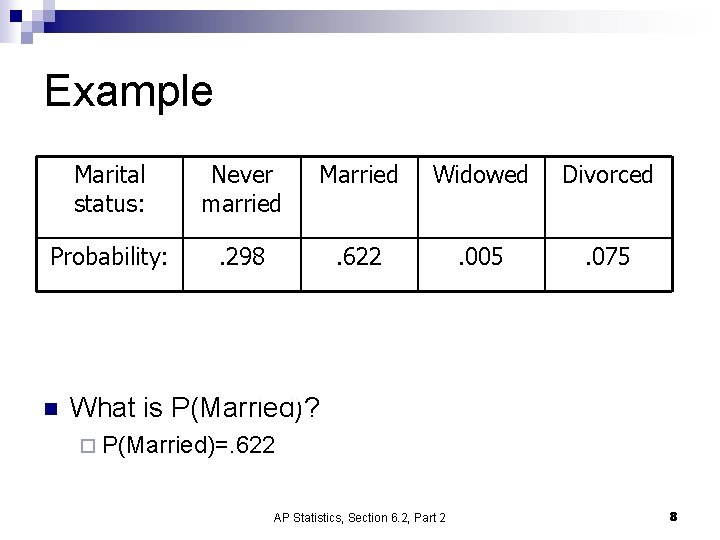 Example Marital status: Never married Married Widowed Divorced Probability: . 298 . 622 . Example Marital status: Never married Married Widowed Divorced Probability: . 298 . 622 .