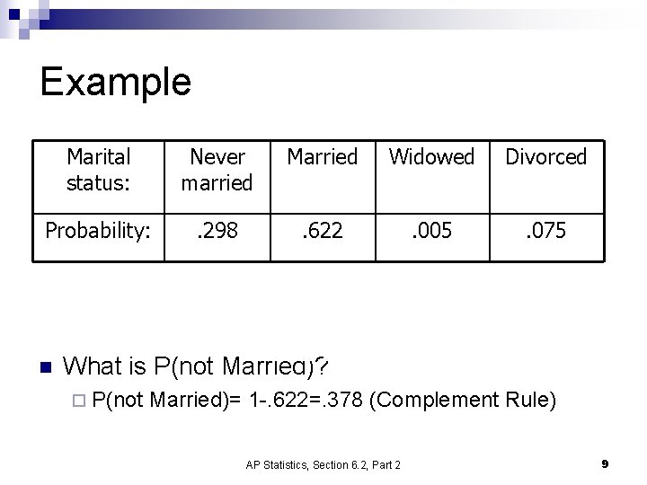 Example Marital status: Never married Married Widowed Divorced Probability: . 298 . 622 . Example Marital status: Never married Married Widowed Divorced Probability: . 298 . 622 .
