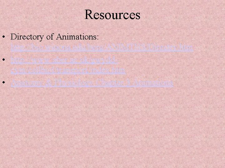 Resources • Directory of Animations: http: //bio. winona. edu/berg/ANIMTNS/Directry. htm • http: //www. aber.