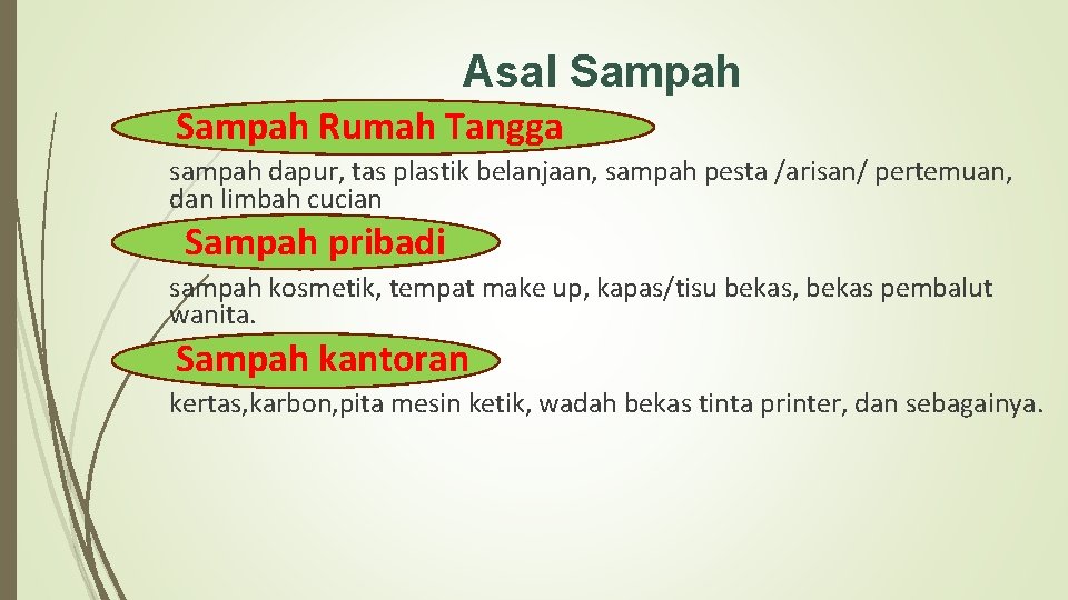 Asal Sampah Rumah Tangga sampah dapur, tas plastik belanjaan, sampah pesta /arisan/ pertemuan, dan