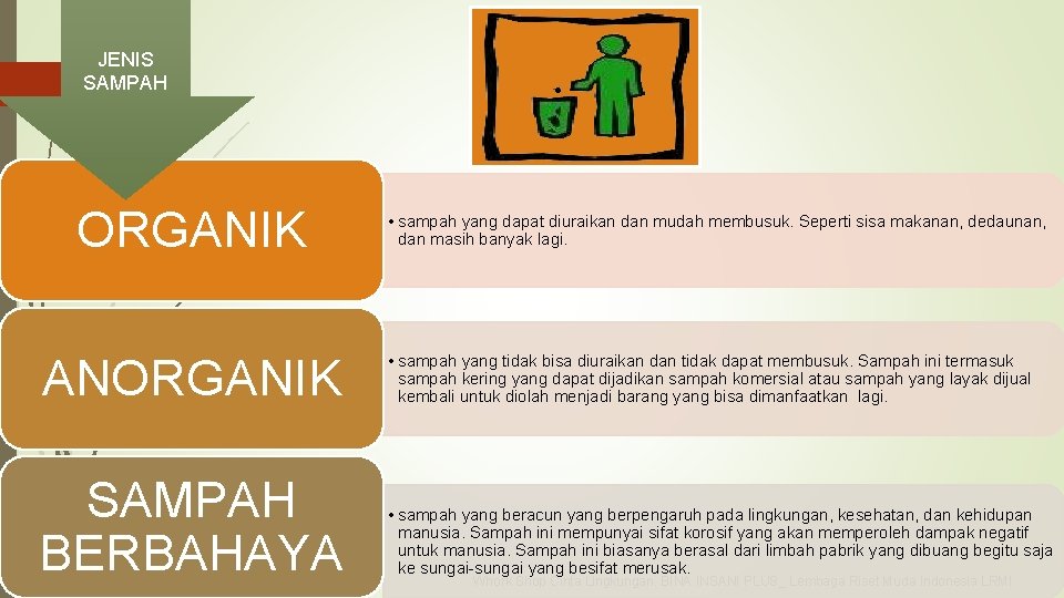 JENIS SAMPAH 7 ORGANIK • sampah yang dapat diuraikan dan mudah membusuk. Seperti sisa