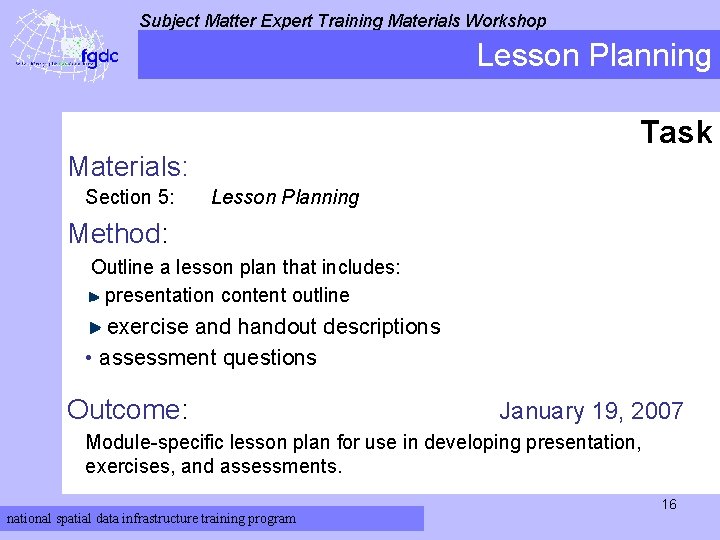 Subject Matter Expert Training Materials Workshop Lesson Planning Task Materials: Section 5: Lesson Planning
