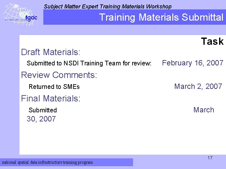 Subject Matter Expert Training Materials Workshop Training Materials Submittal Task Draft Materials: Submitted to