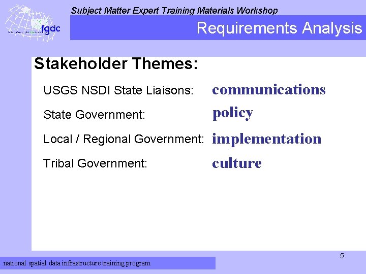 Subject Matter Expert Training Materials Workshop Requirements Analysis Stakeholder Themes: USGS NSDI State Liaisons: