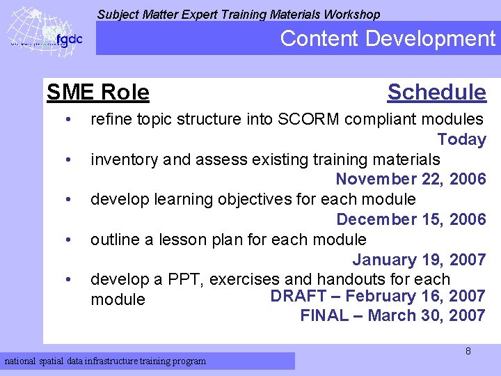 Subject Matter Expert Training Materials Workshop Content Development SME Role • • • Schedule