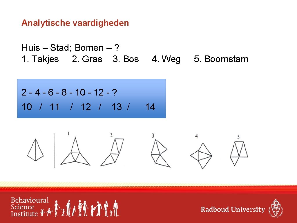 Analytische vaardigheden Huis – Stad; Bomen – ? 1. Takjes 2. Gras 3. Bos