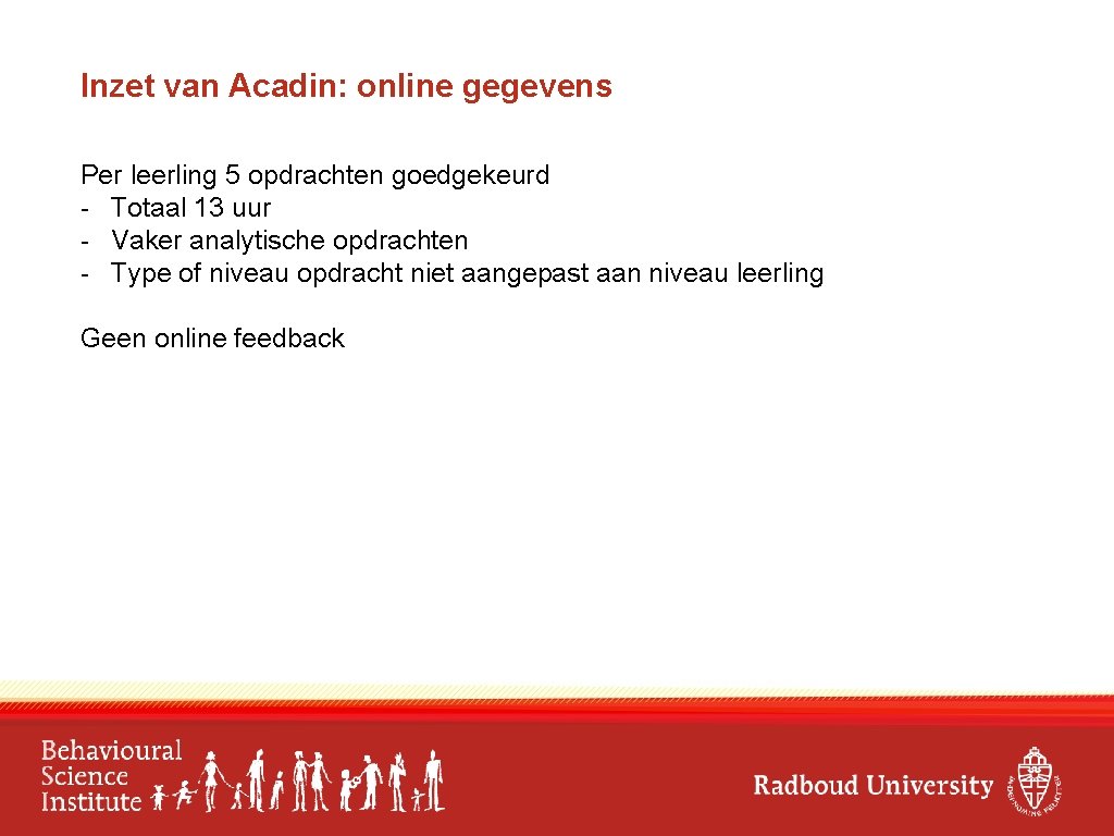 Inzet van Acadin: online gegevens Per leerling 5 opdrachten goedgekeurd - Totaal 13 uur