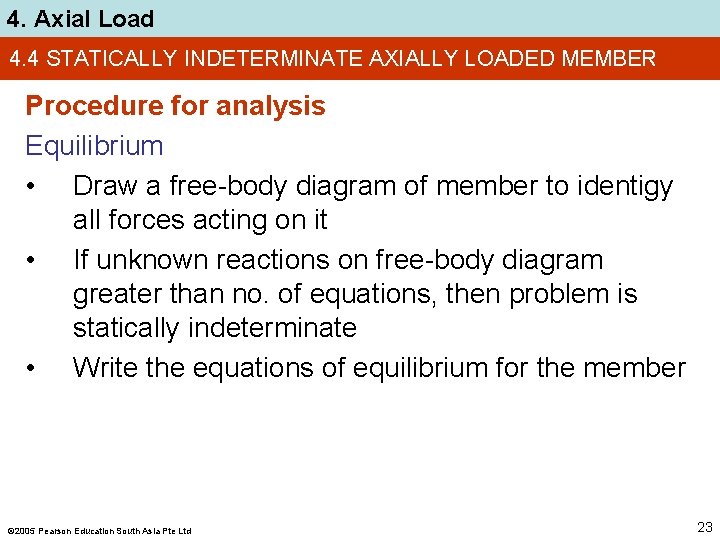 4. Axial Load 4. 4 STATICALLY INDETERMINATE AXIALLY LOADED MEMBER Procedure for analysis Equilibrium