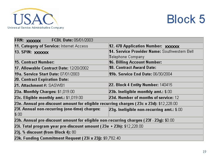 Block 5 Universal Service Administrative Company XXXXXX 19 